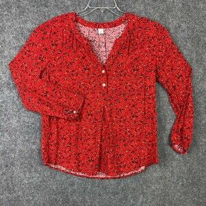 Old Navy V-neck Blouse Women L Pullover 1/2 Button Red & Black Relax Fit